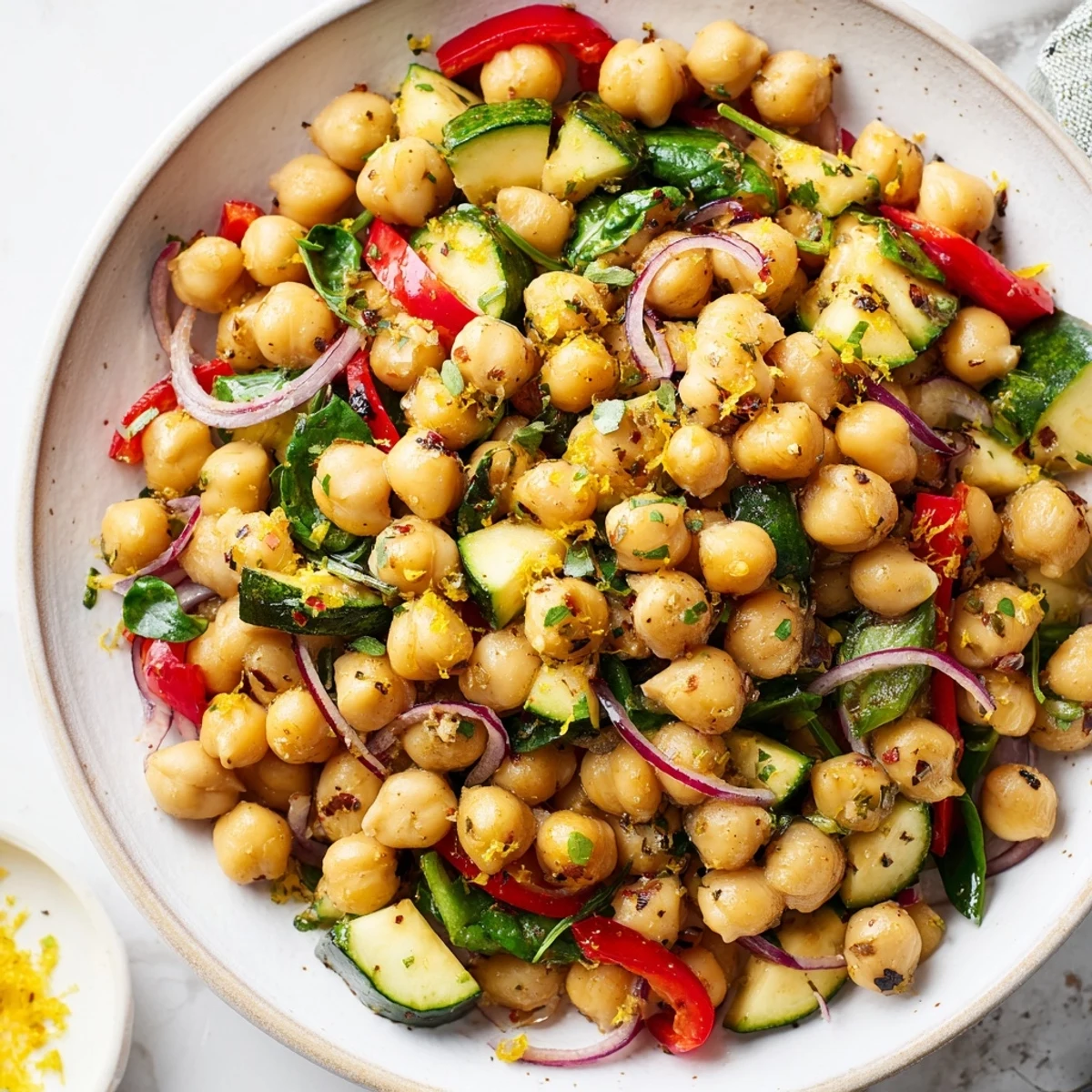 Colorful Mediterranean chickpea lemon skillet garnished with fresh parsley and lemon wedges