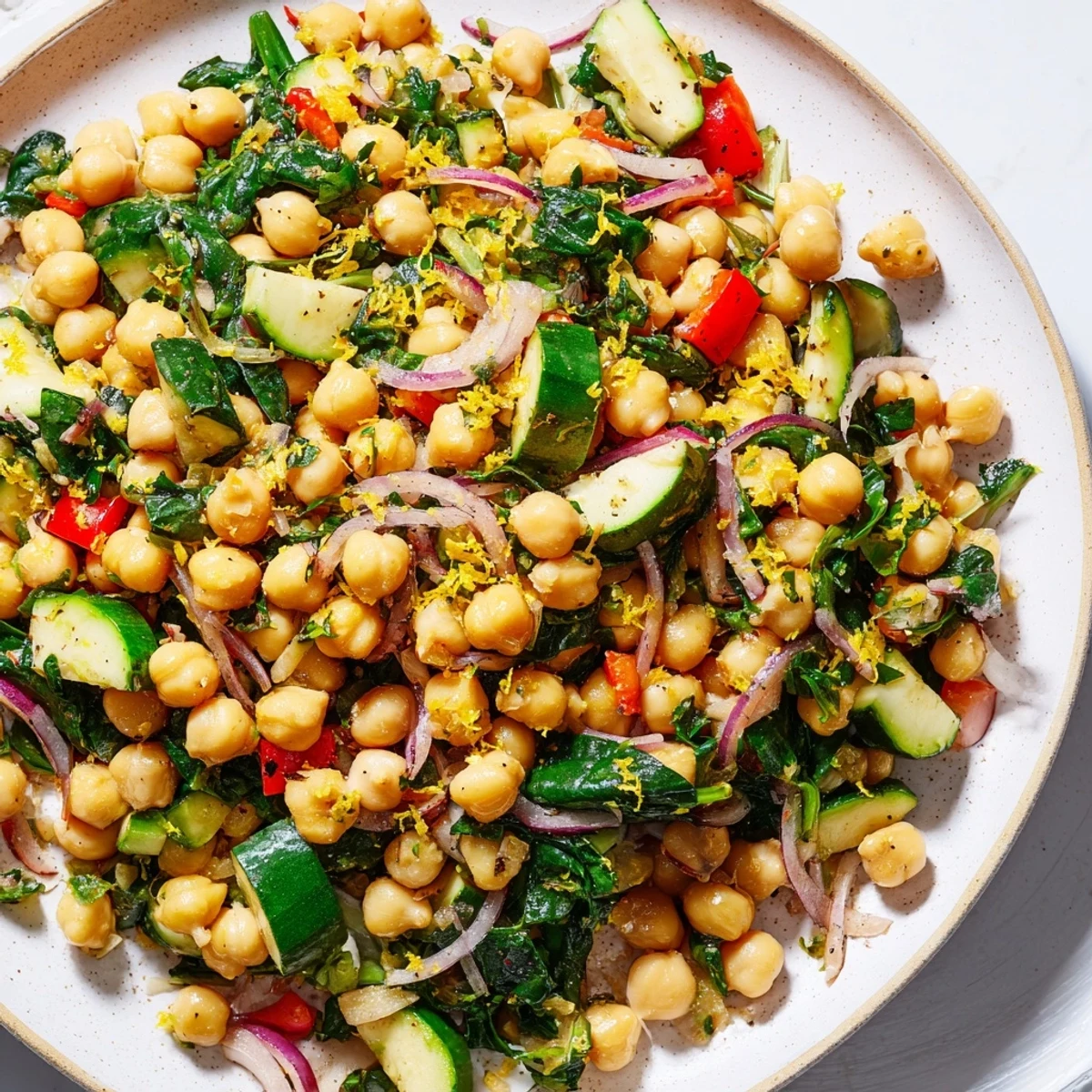 Golden chickpea lemon skillet with vibrant vegetables in a cast iron pan
