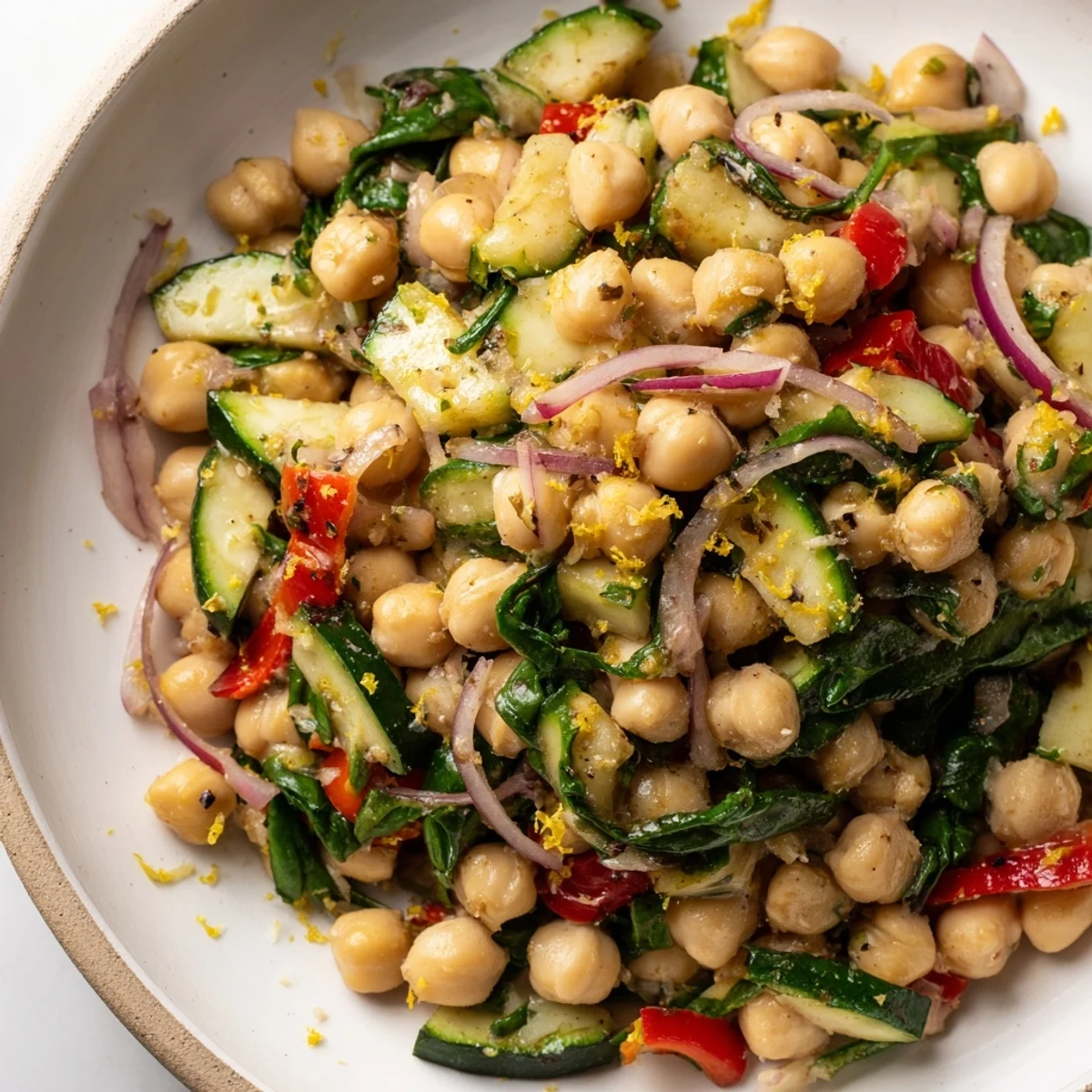 Savory chickpea lemon skillet featuring spinach and zucchini in a warm serving bowl