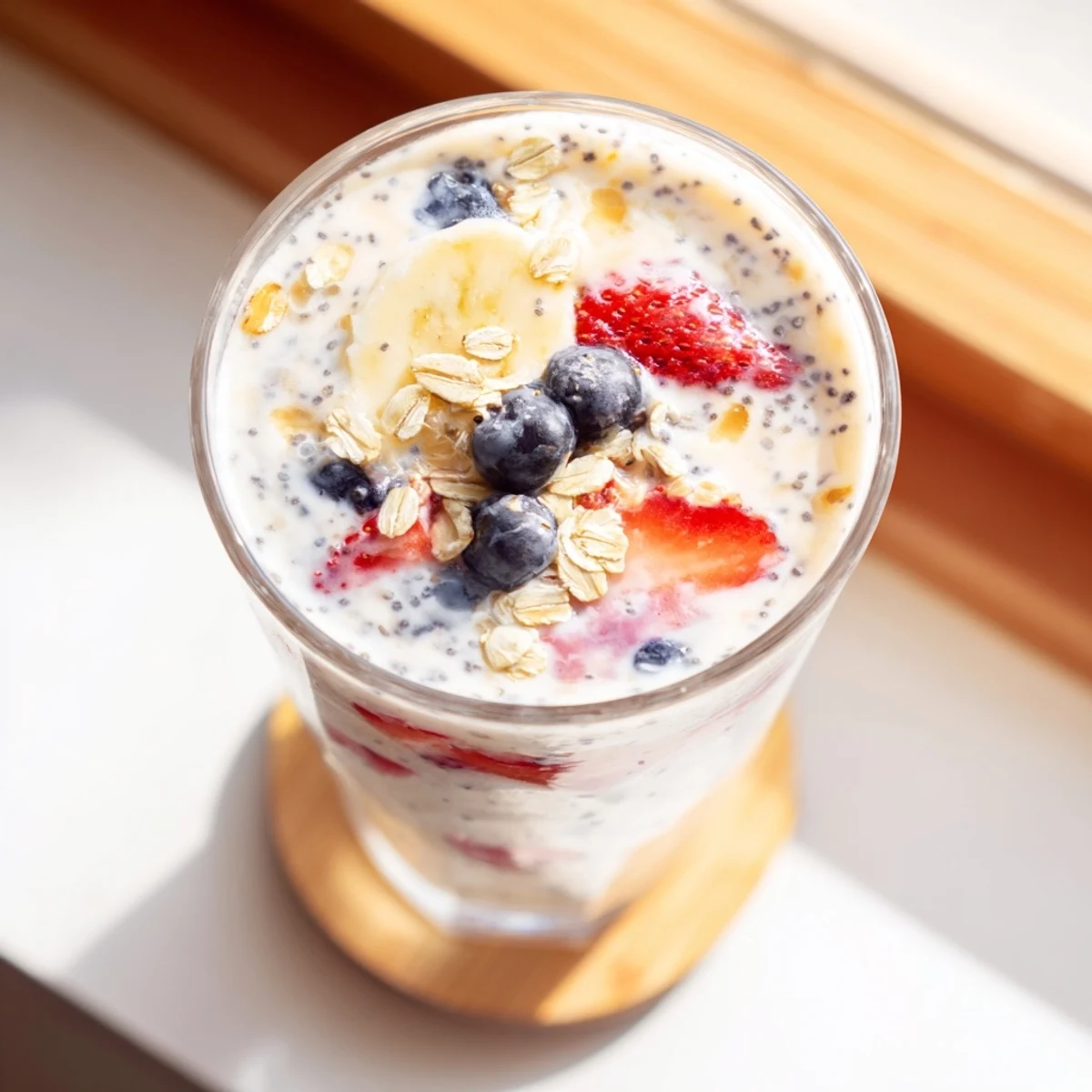 Thick purple Greek yogurt breakfast smoothie topped with fresh berries in a clear glass