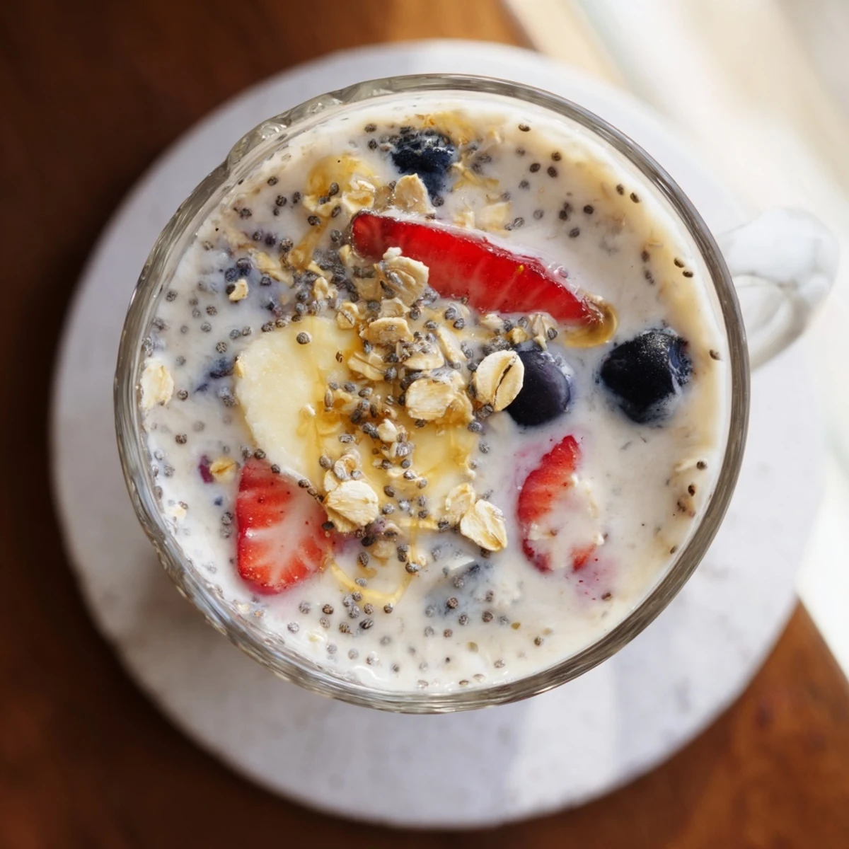 Vibrant Greek yogurt breakfast smoothie poured into a tall glass with visible fruit chunks swirling throughout