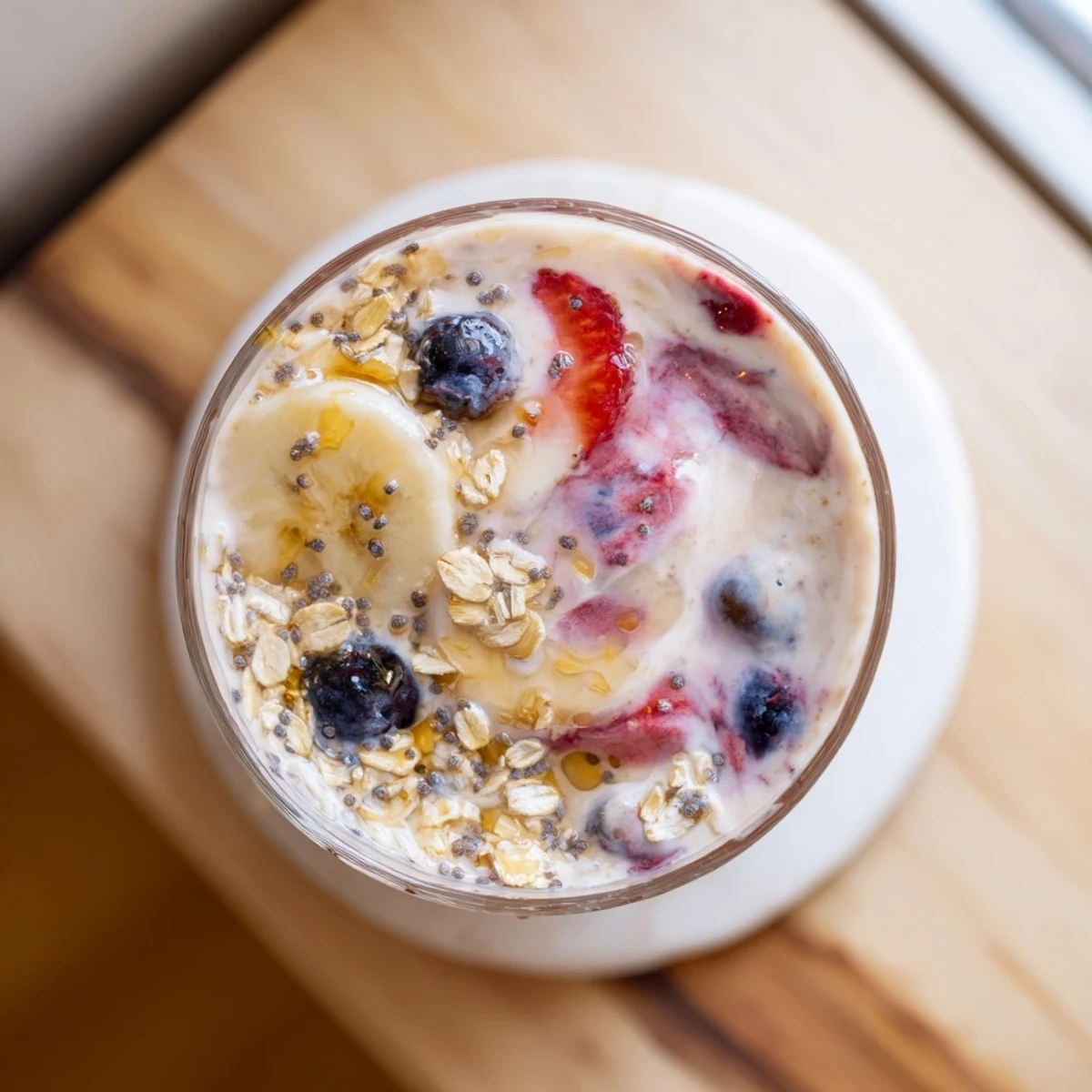 Creamy Greek yogurt breakfast smoothie blended with banana and mixed berries for a protein-rich morning