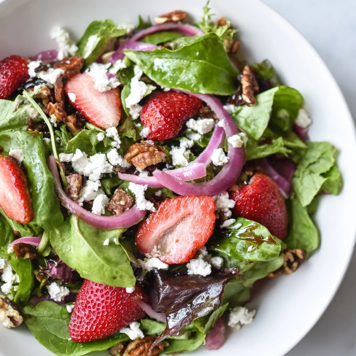 Fresh strawberry fields salad bowl with sliced berries, goat cheese, and toasted pecans on mixed greens