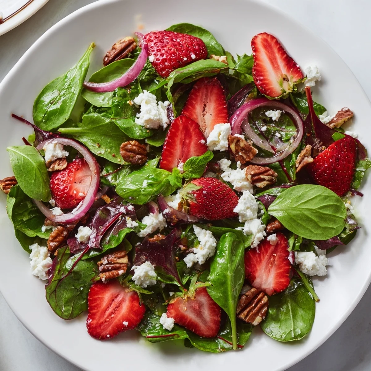 Vibrant strawberry fields salad featuring crisp greens, sweet strawberries, and creamy goat cheese drizzled with balsamic dressing