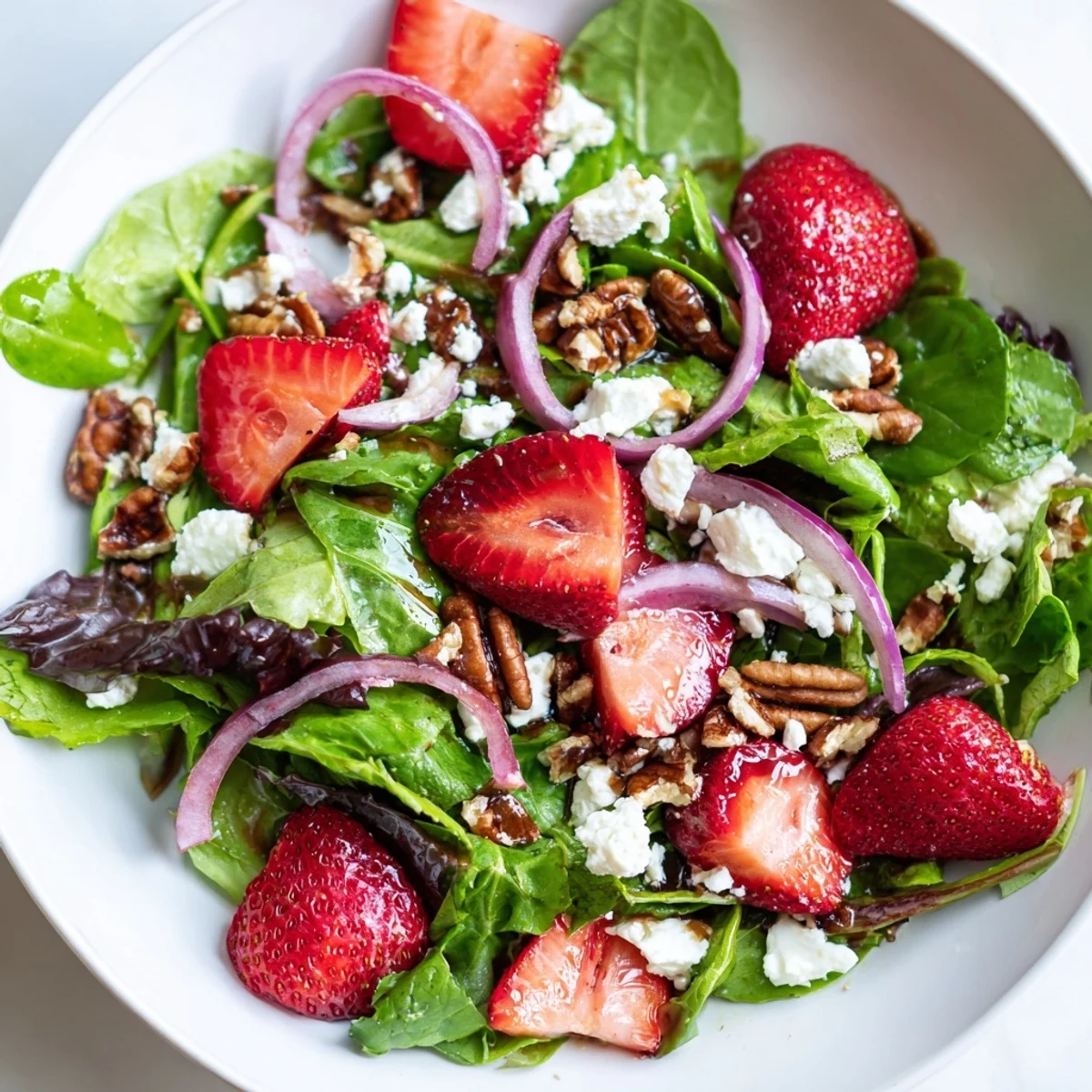 Colorful strawberry fields salad arranged with red onion, fresh basil, crumbled cheese, and juicy strawberry slices