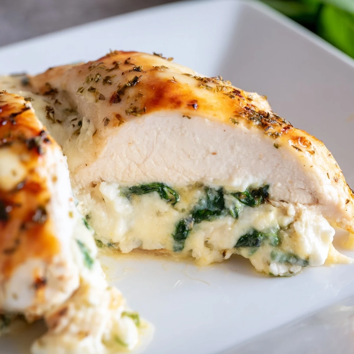 Golden baked ricotta chicken breasts stuffed with spinach and herbs on a white plate