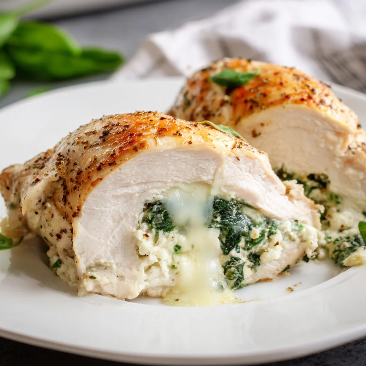 Juicy chicken breasts sliced open revealing ricotta spinach filling baked to golden brown perfection