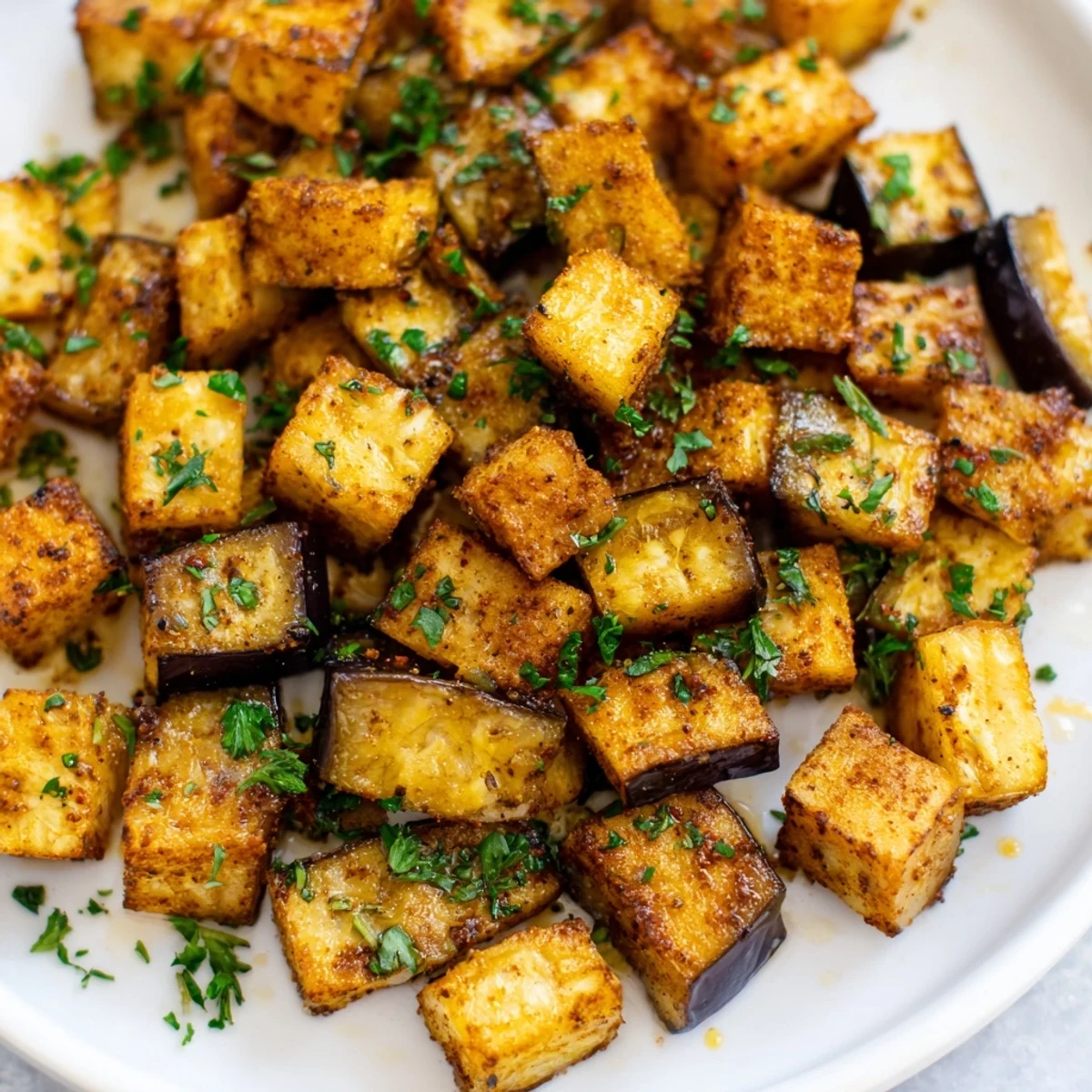 Crispy tender low calorie air fryer eggplant served with fresh parsley garnish