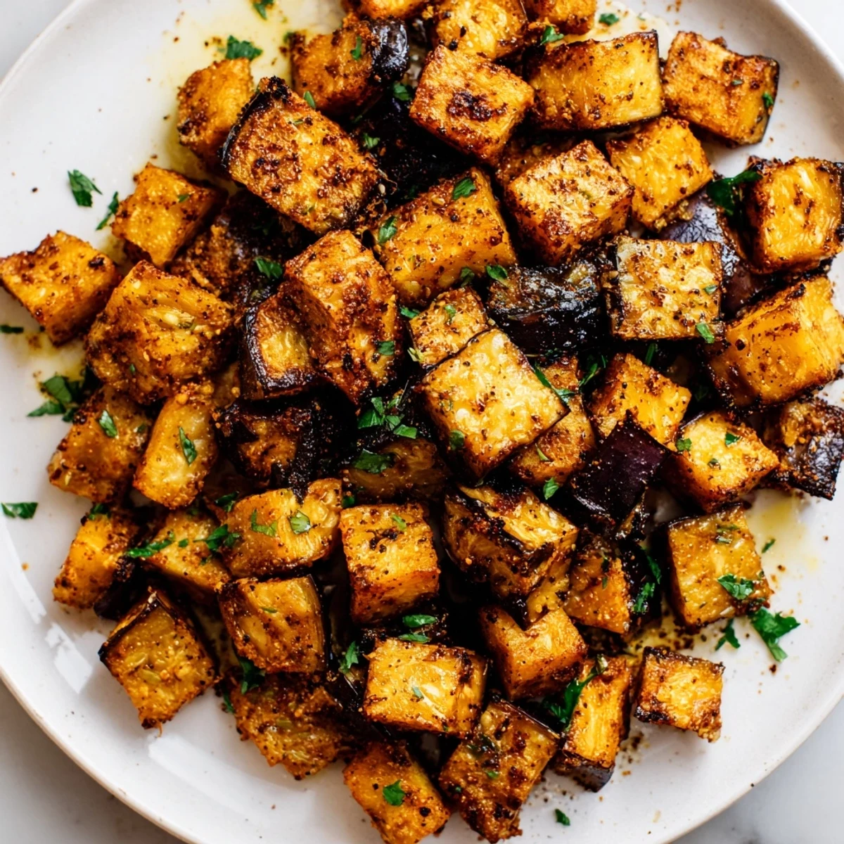 Golden brown low calorie air fryer eggplant cubes seasoned with paprika and garlic