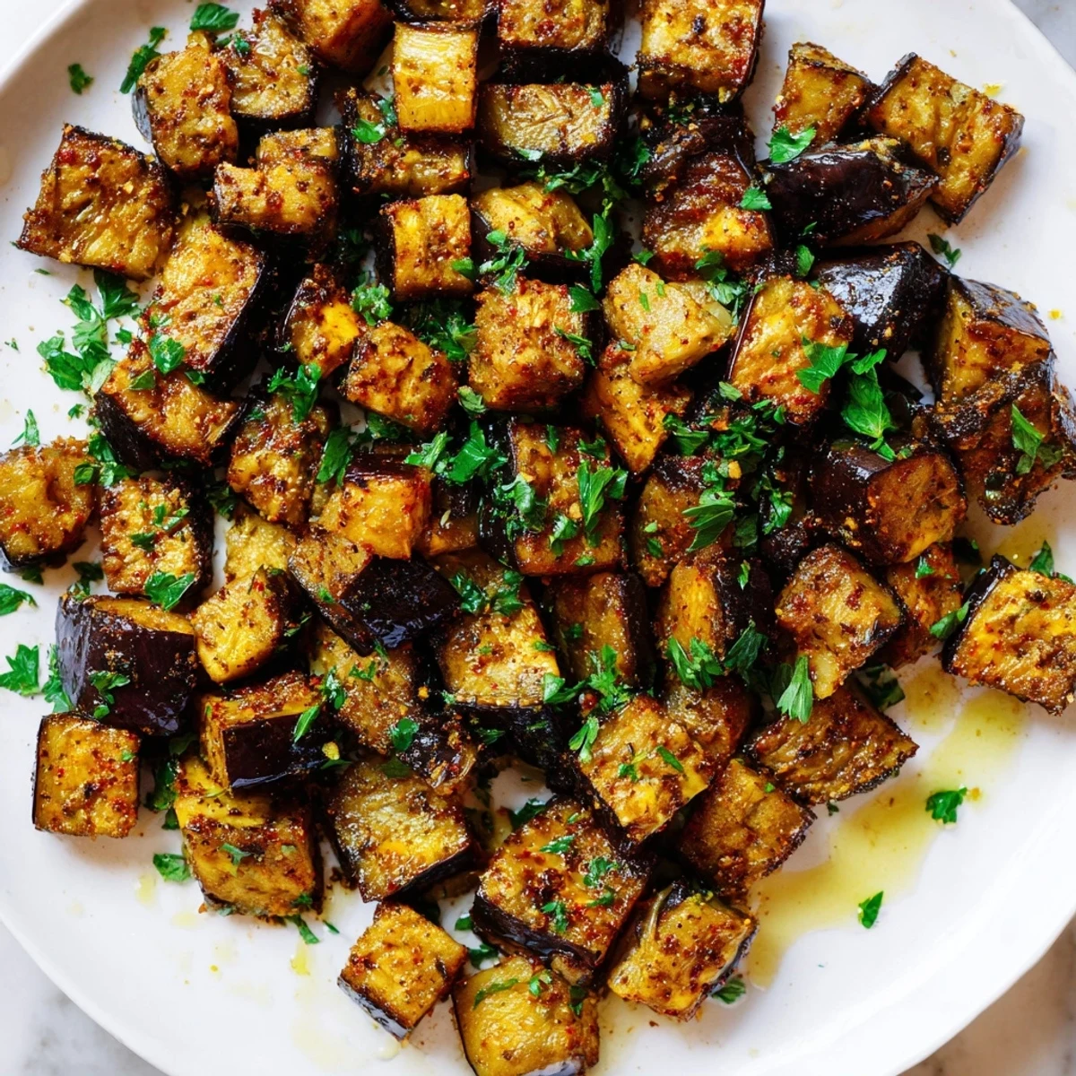 Mediterranean style low calorie air fryer eggplant with golden edges and aromatic spices