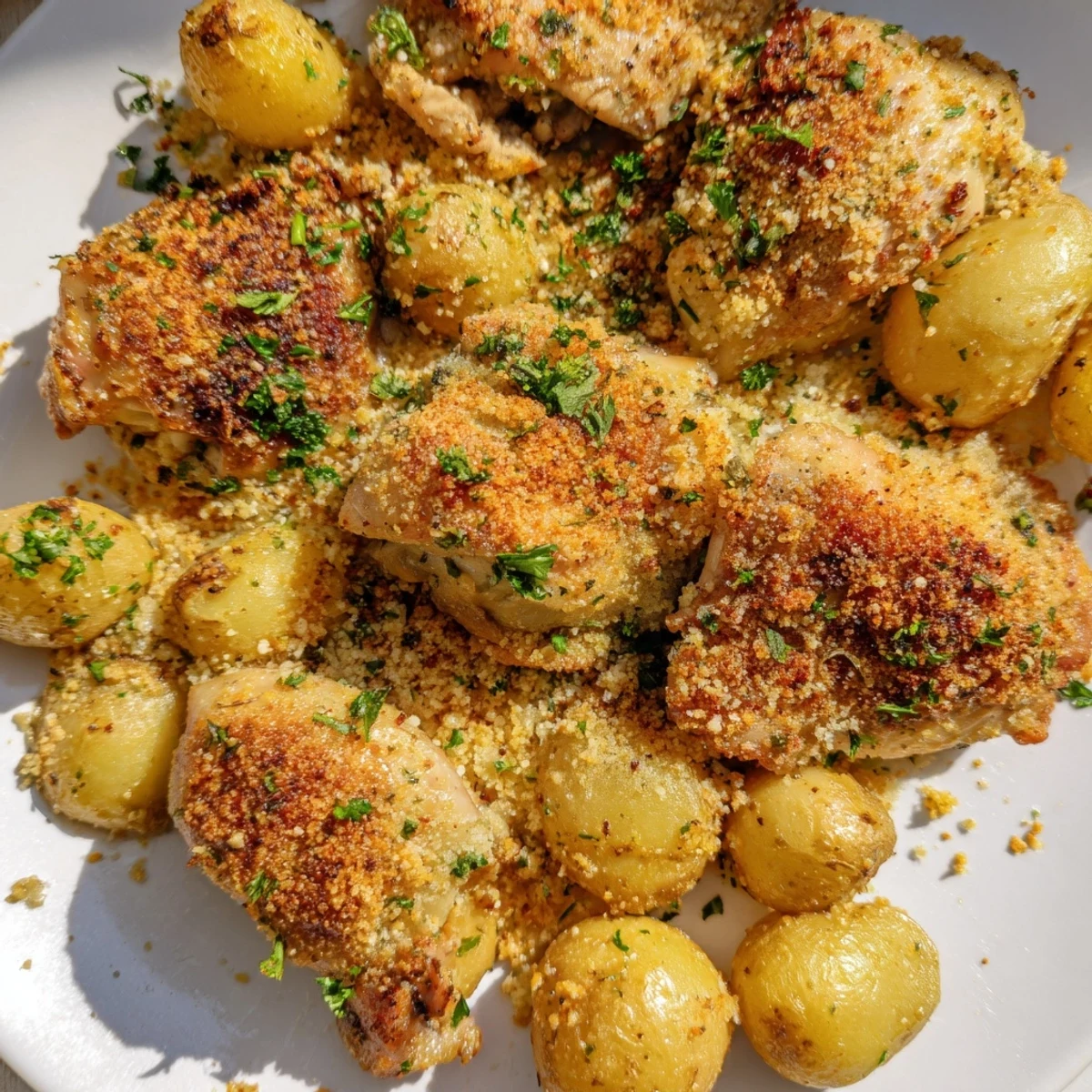 Golden roasted chicken breasts and baby potatoes with crispy garlic Parmesan crust