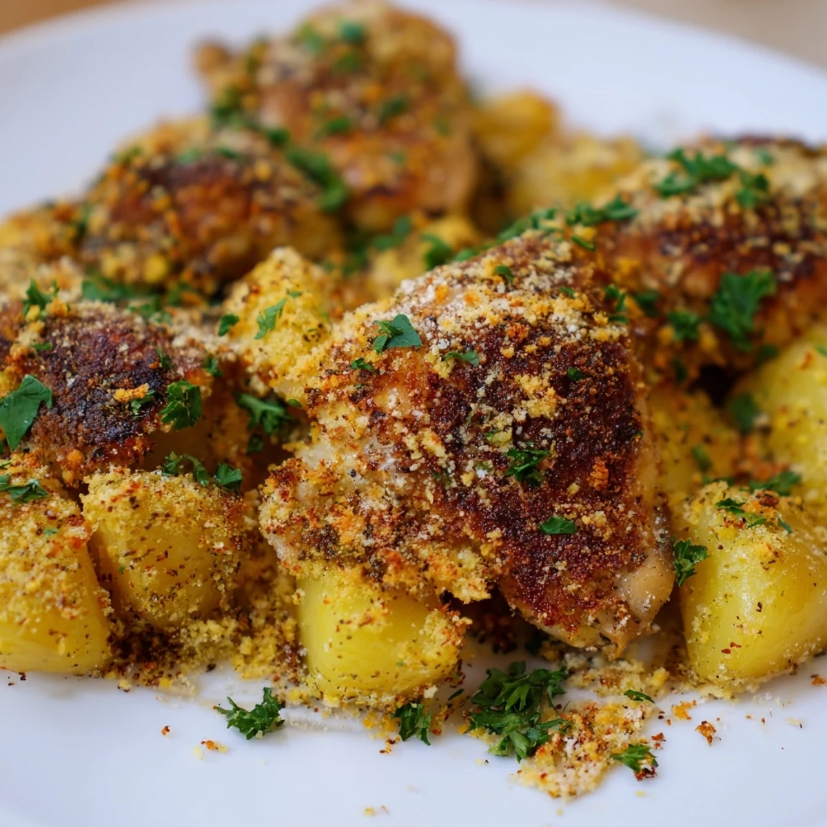 Baked sheet pan chicken with tender potatoes and melted Parmesan garlic topping