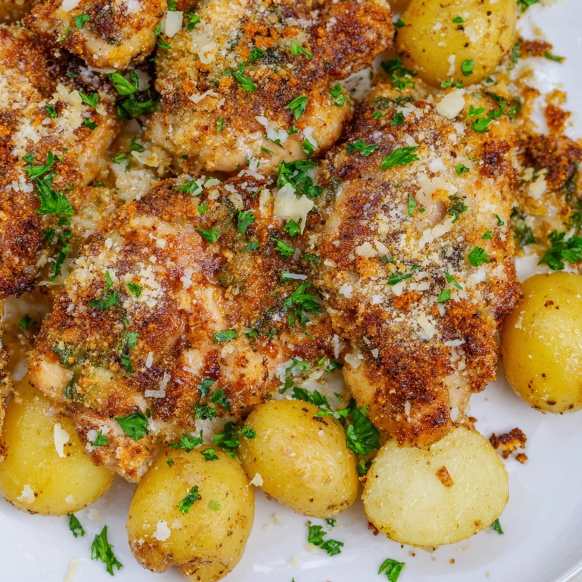 Hearty garlic Parmesan chicken and potatoes ready for family dinner on white plate