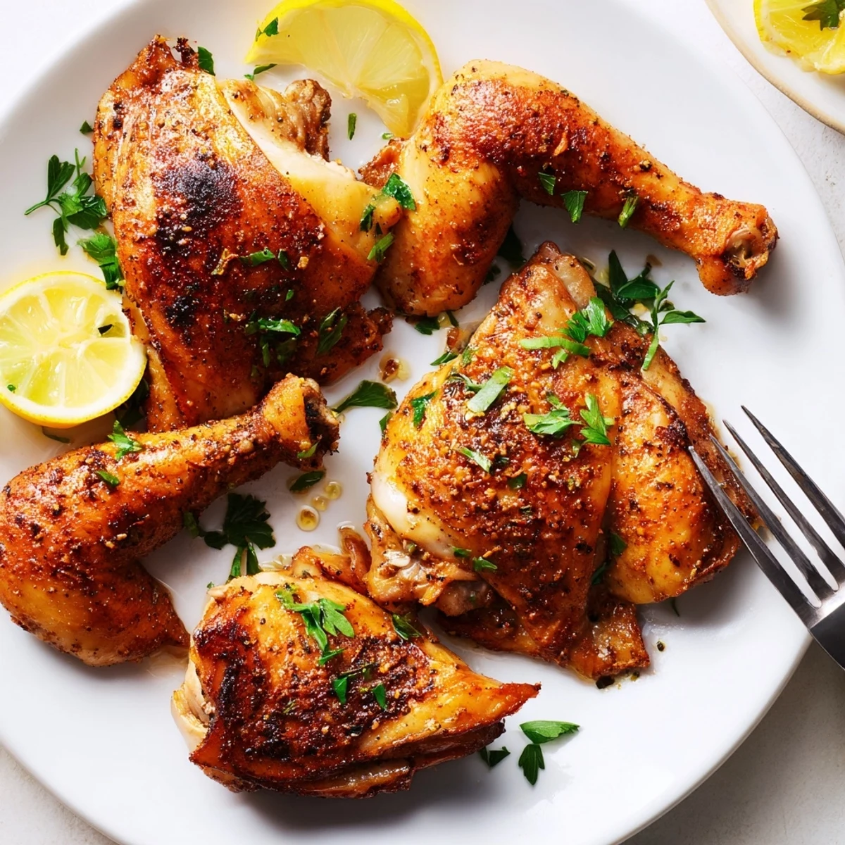 Tender buttermilk roasted chicken garnished with fresh parsley and lemon wedges on a plate