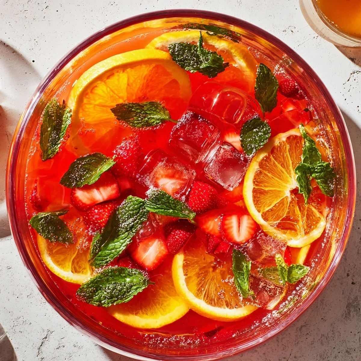 Festive Easter Punch bowl garnished with fresh strawberries, orange slices, and mint leaves