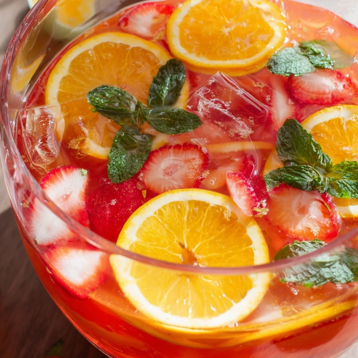 Colorful Easter Punch in glass pitcher with floating citrus and berry fruit garnishes