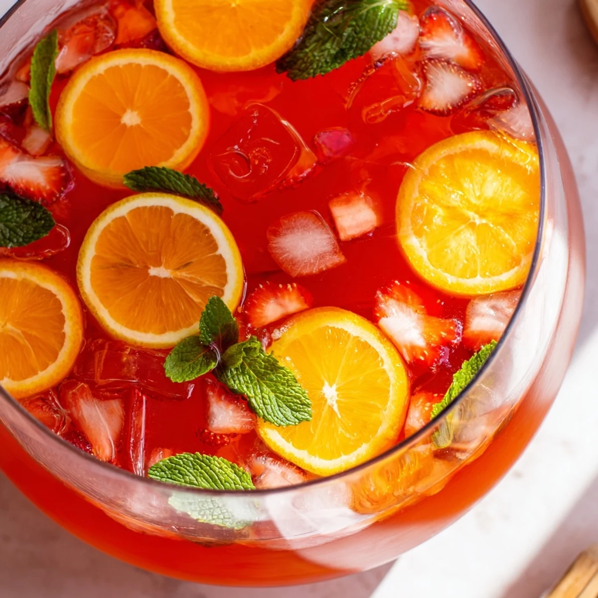 Refreshing Easter Punch with pineapple, cranberry, and orange juices topped with fresh mint