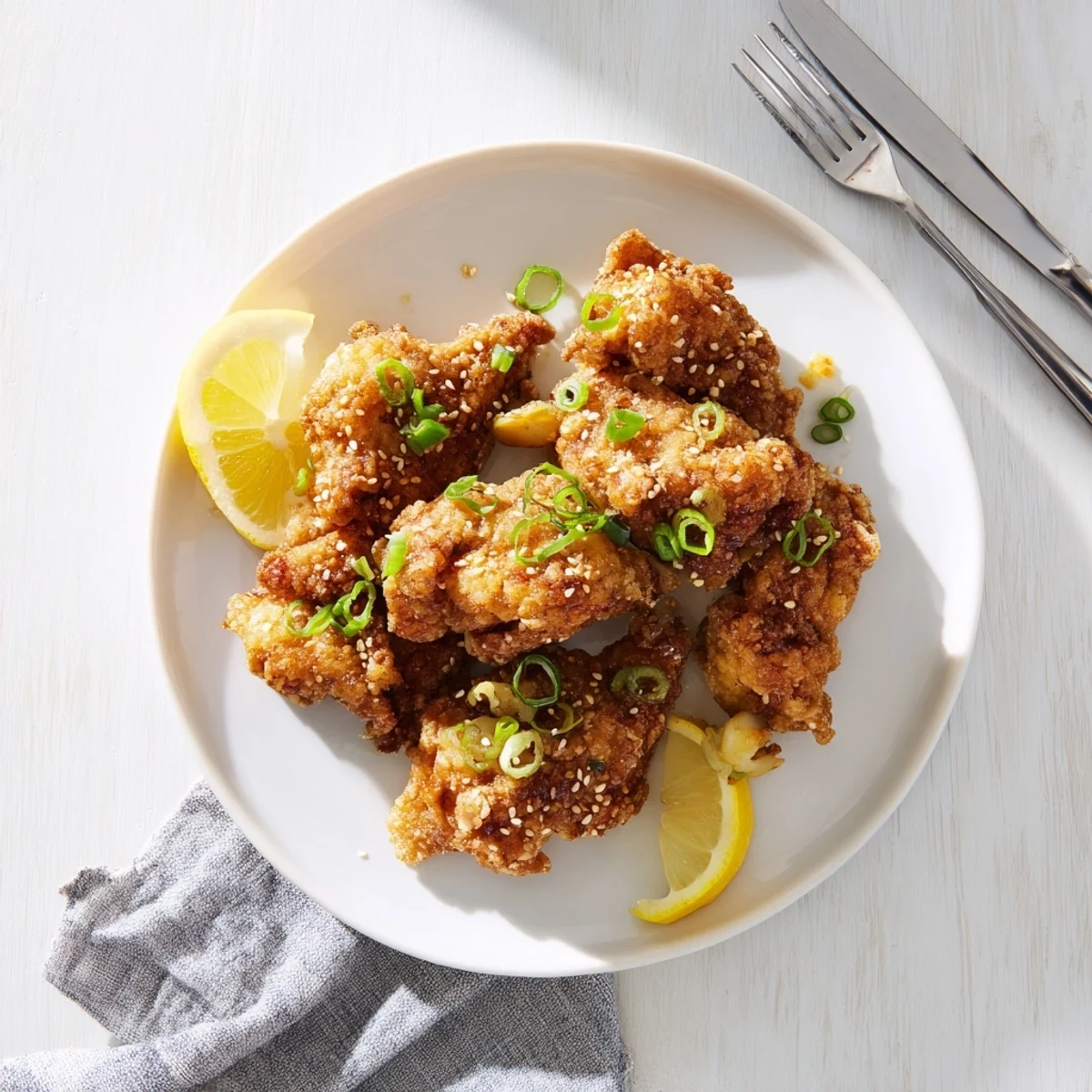 Golden brown mochiko chicken pieces arranged on a white serving platter garnished with fresh green onions