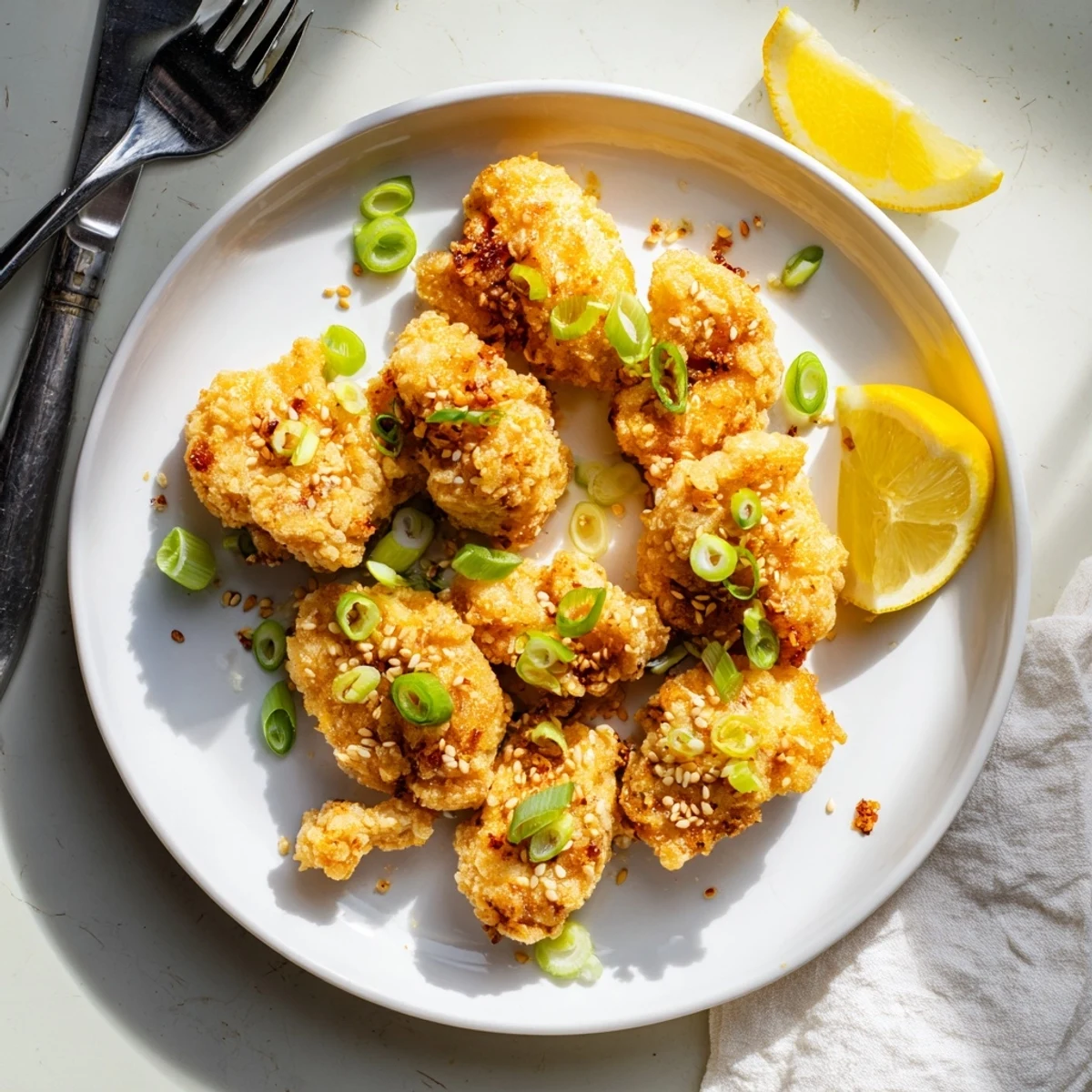 Plate of Hawaiian mochiko chicken with crispy golden exterior and sesame seed sprinkles on white plate