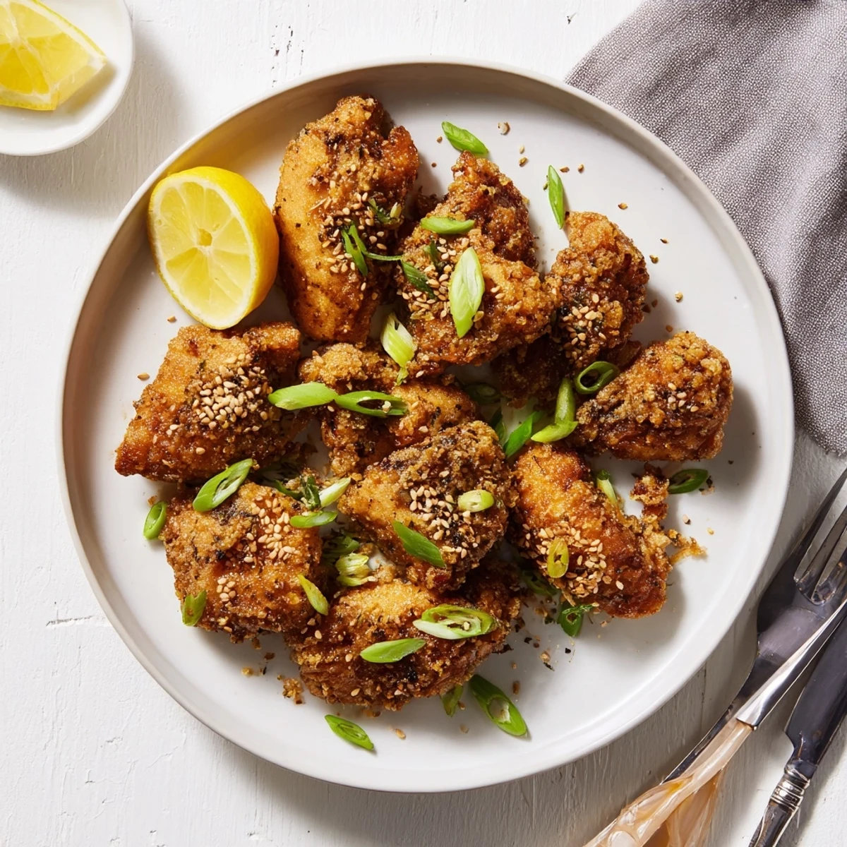 Fried mochiko chicken thighs piled high with crisp texture and toasted sesame topping