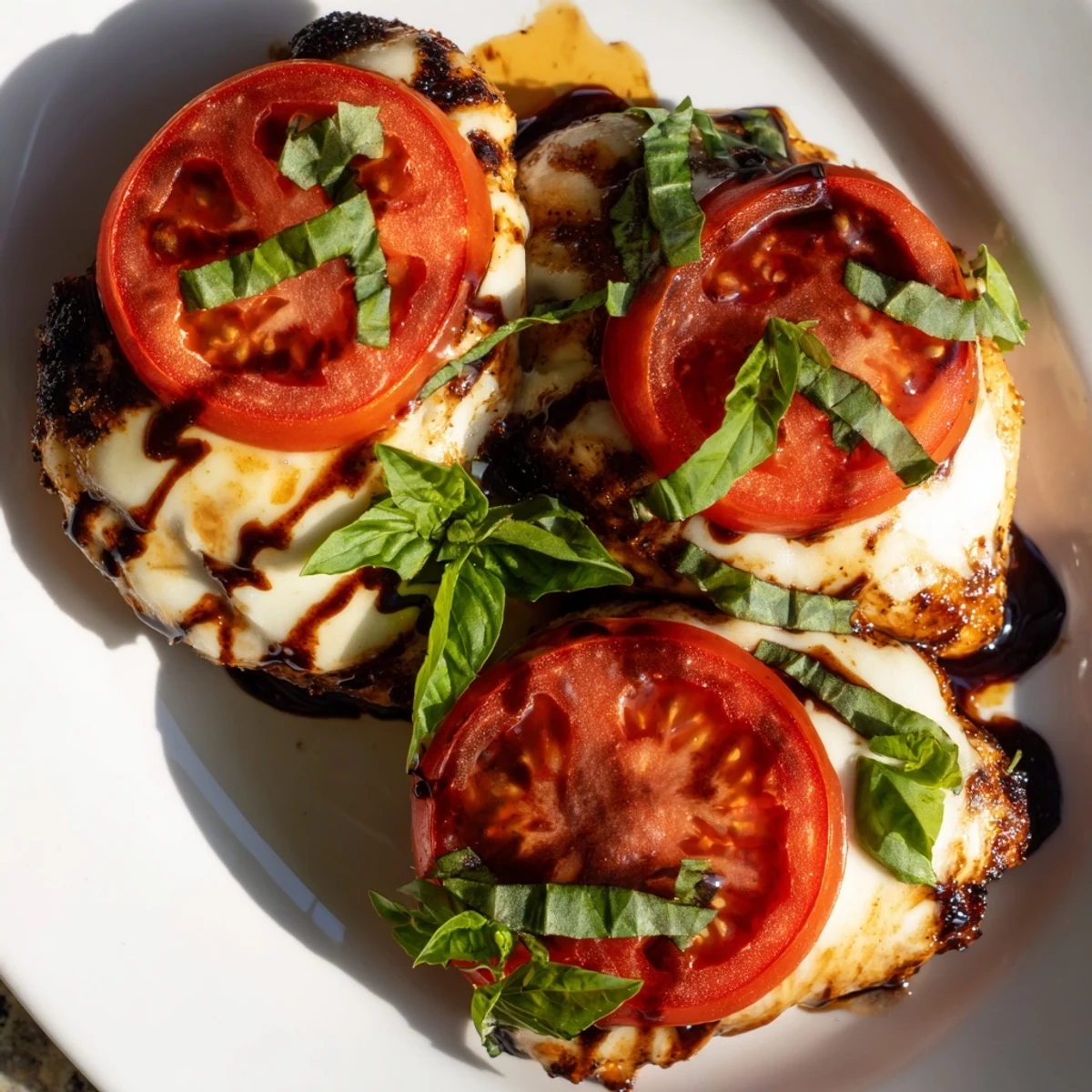 Golden baked balsamic chicken breast topped with bubbly melted mozzarella and fresh basil leaves