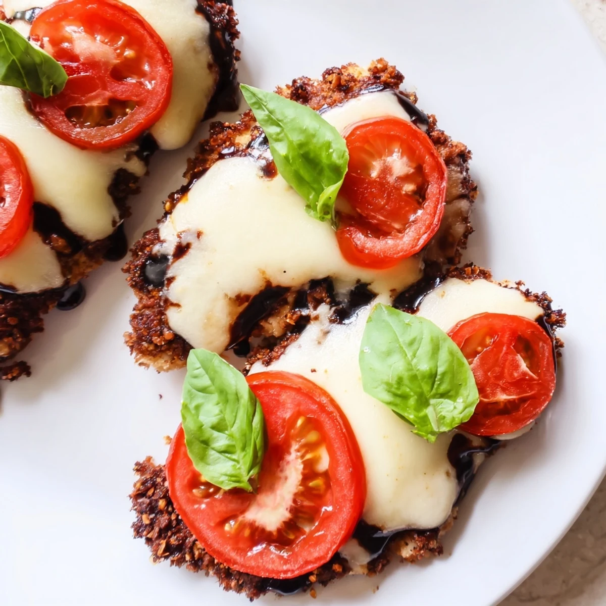 Juicy mozzarella-topped chicken breasts glazed with rich balsamic vinegar, garnished with tomato and basil