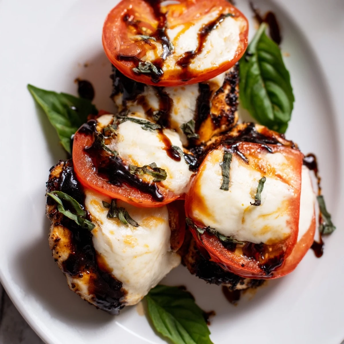 Italian-style baked chicken with melted mozzarella cheese and balsamic glaze, finished with fresh herbs