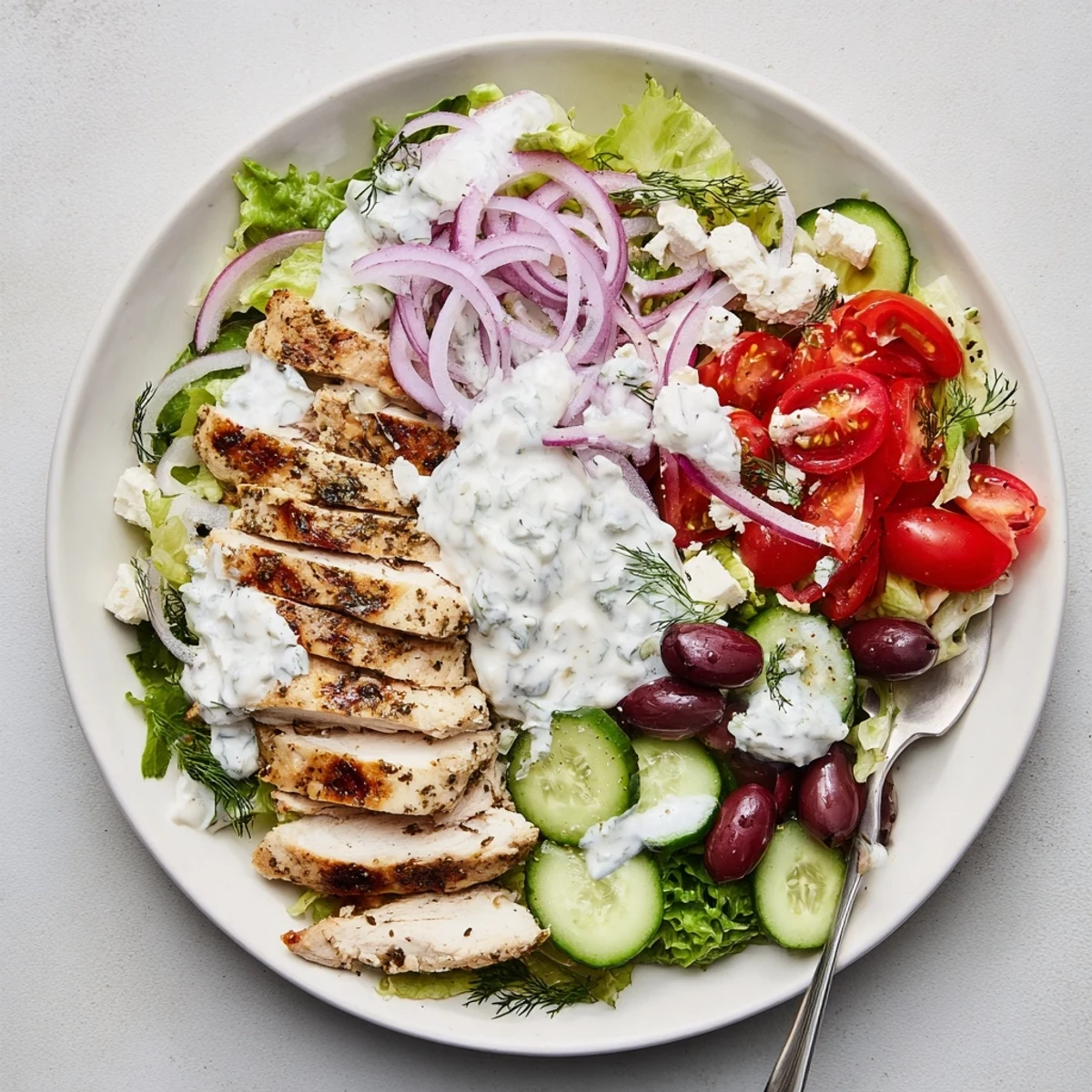 Tzatziki chicken salad featuring sliced grilled chicken over crisp greens with colorful vegetables and creamy yogurt dressing