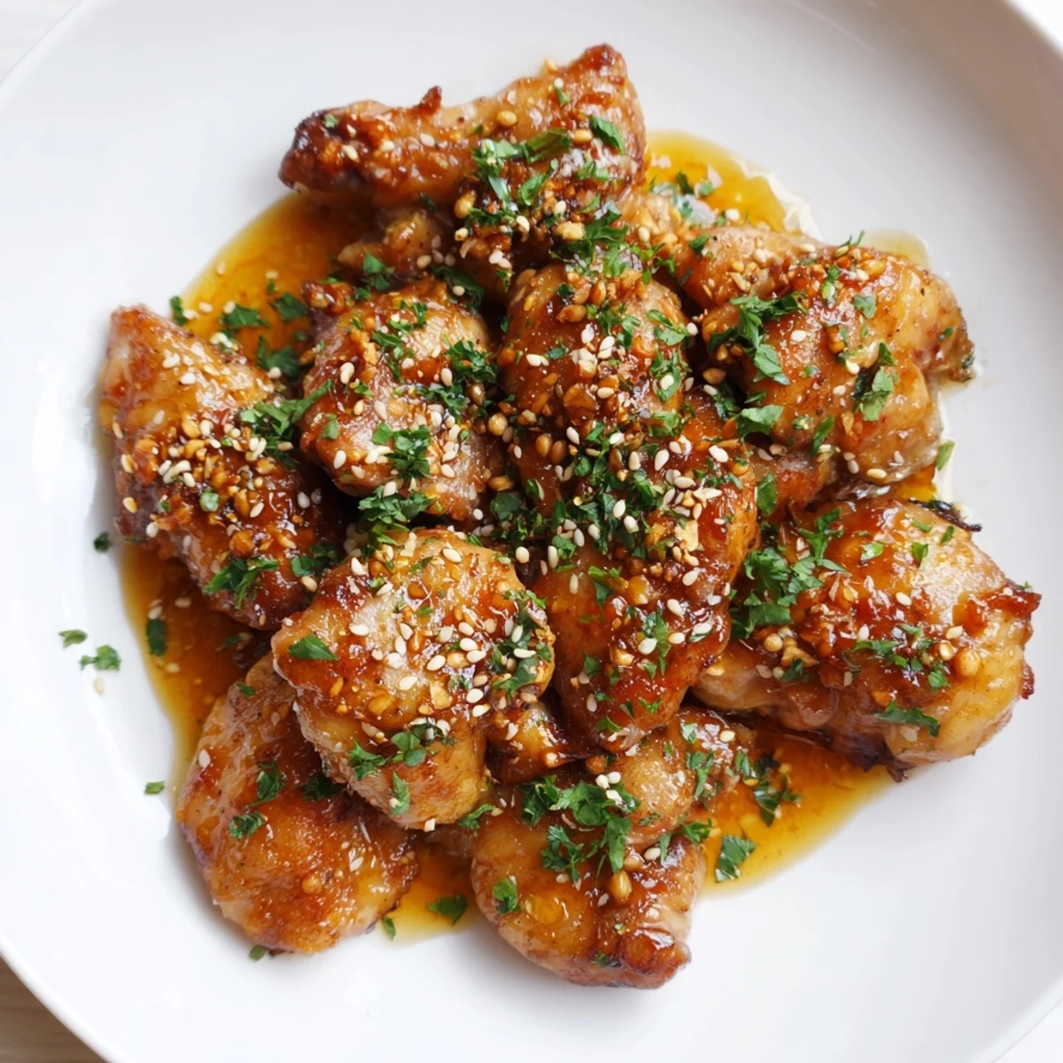 Golden honey butter chicken glazed in sweet savory sauce with fresh parsley garnish