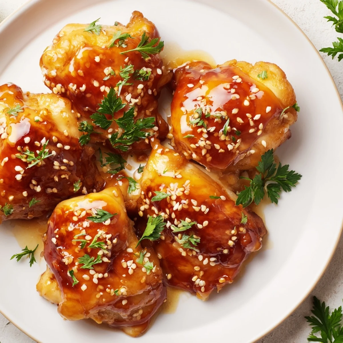 Crispy pan-seared chicken pieces coated in luscious honey butter sauce with sesame seeds