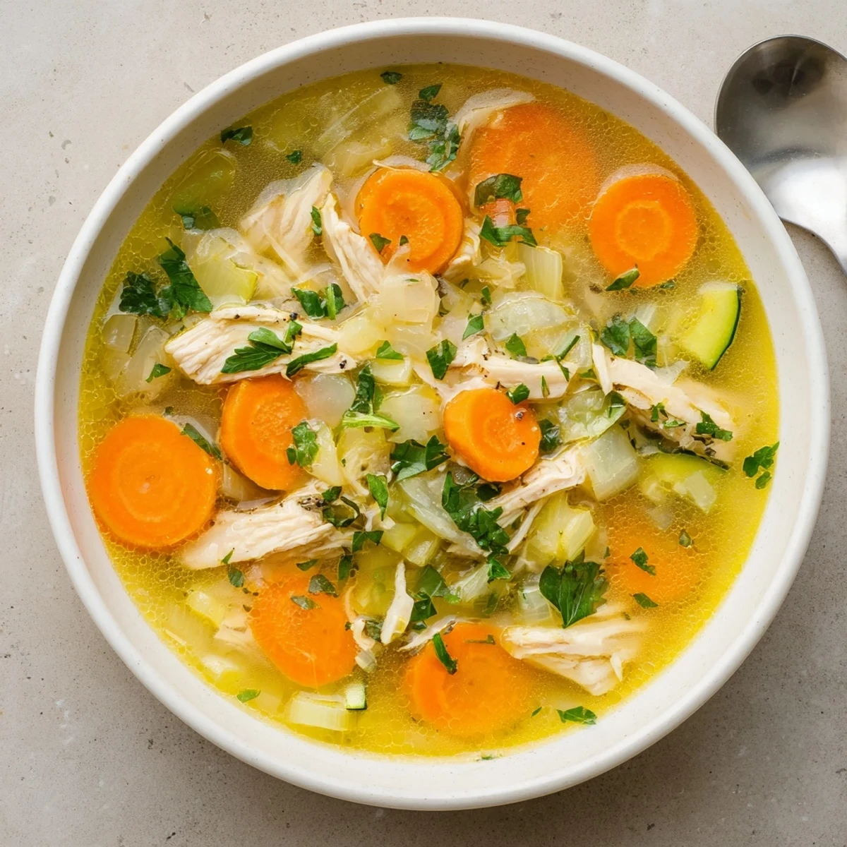Steaming bowl of healing chicken soup loaded with tender vegetables and shredded chicken