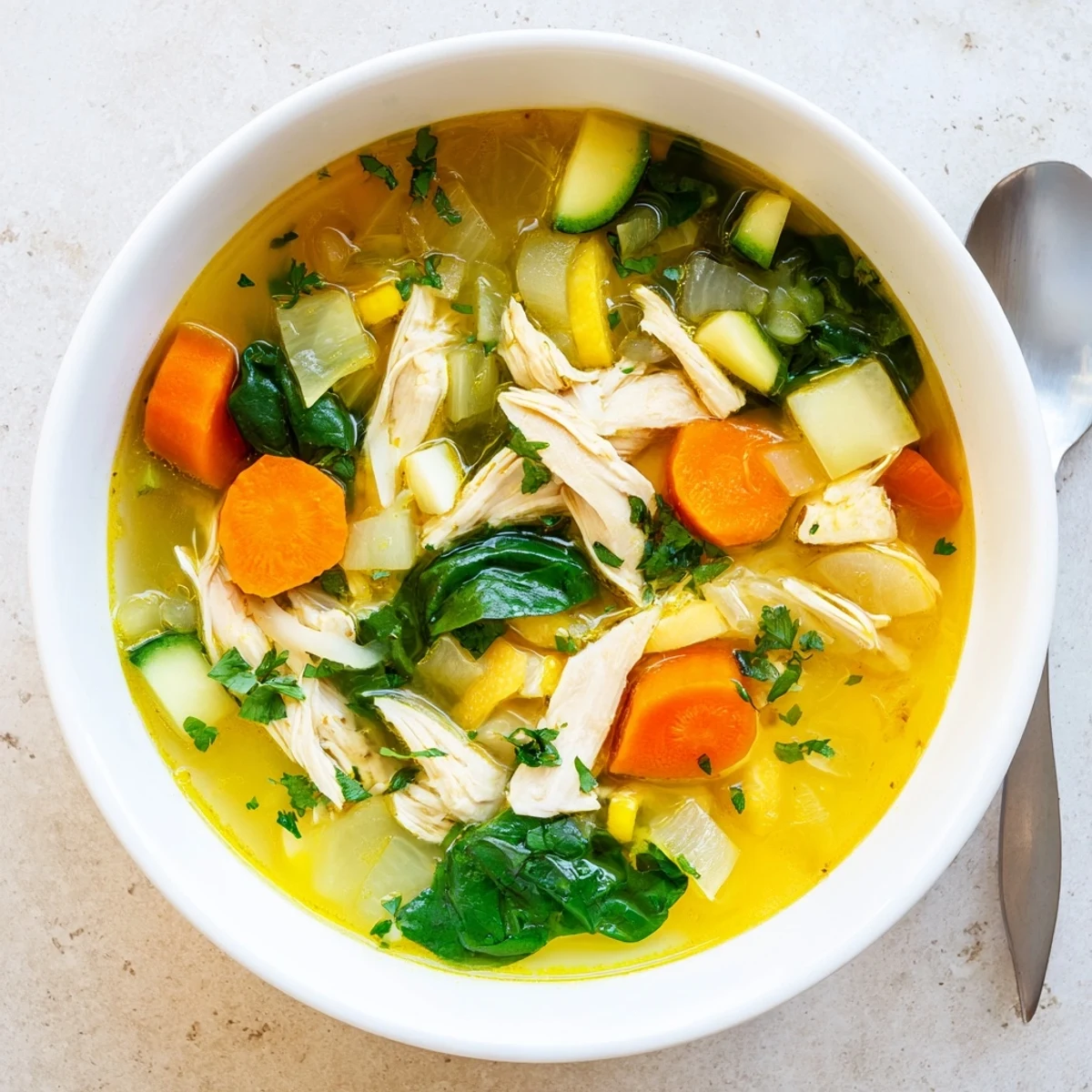 Nourishing healing chicken soup garnished with fresh parsley and baby spinach