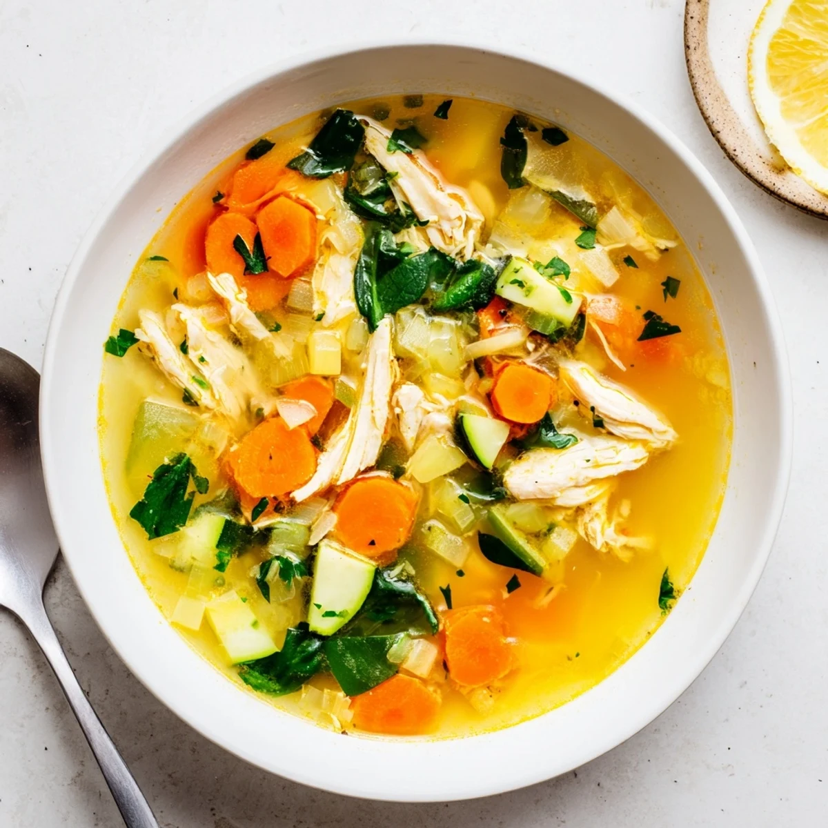 Golden healing chicken soup simmered with aromatic herbs in a rustic Dutch oven