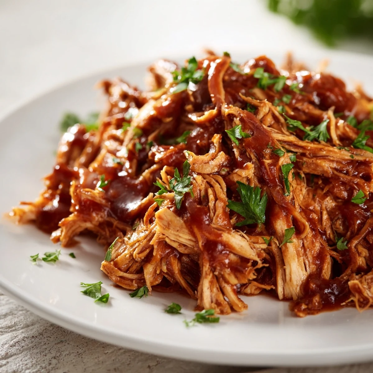 Juicy crockpot chicken shredded in tangy homemade barbecue sauce glaze