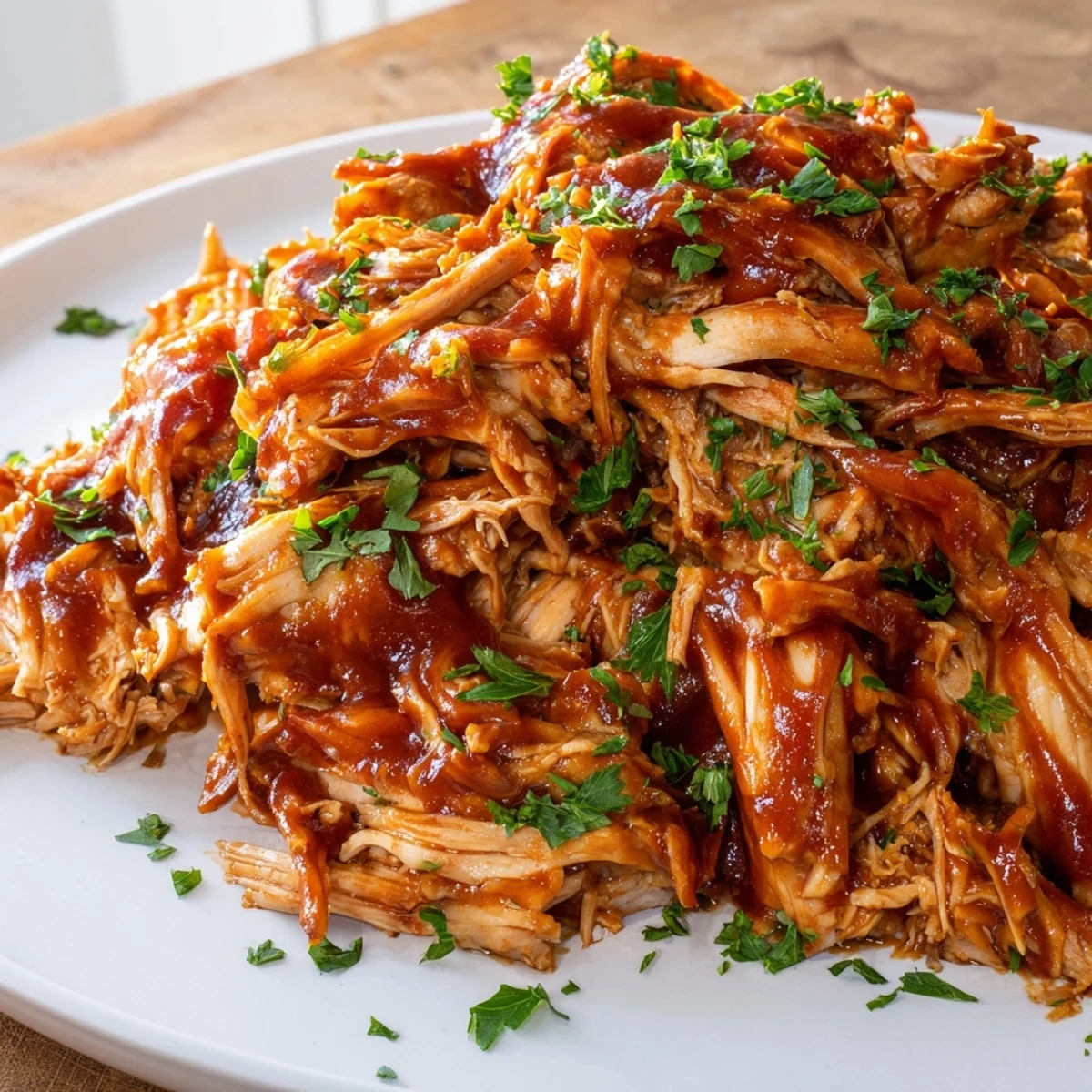 Fuss-free slow cooker chicken smothered in honey barbecue sauce with fresh parsley