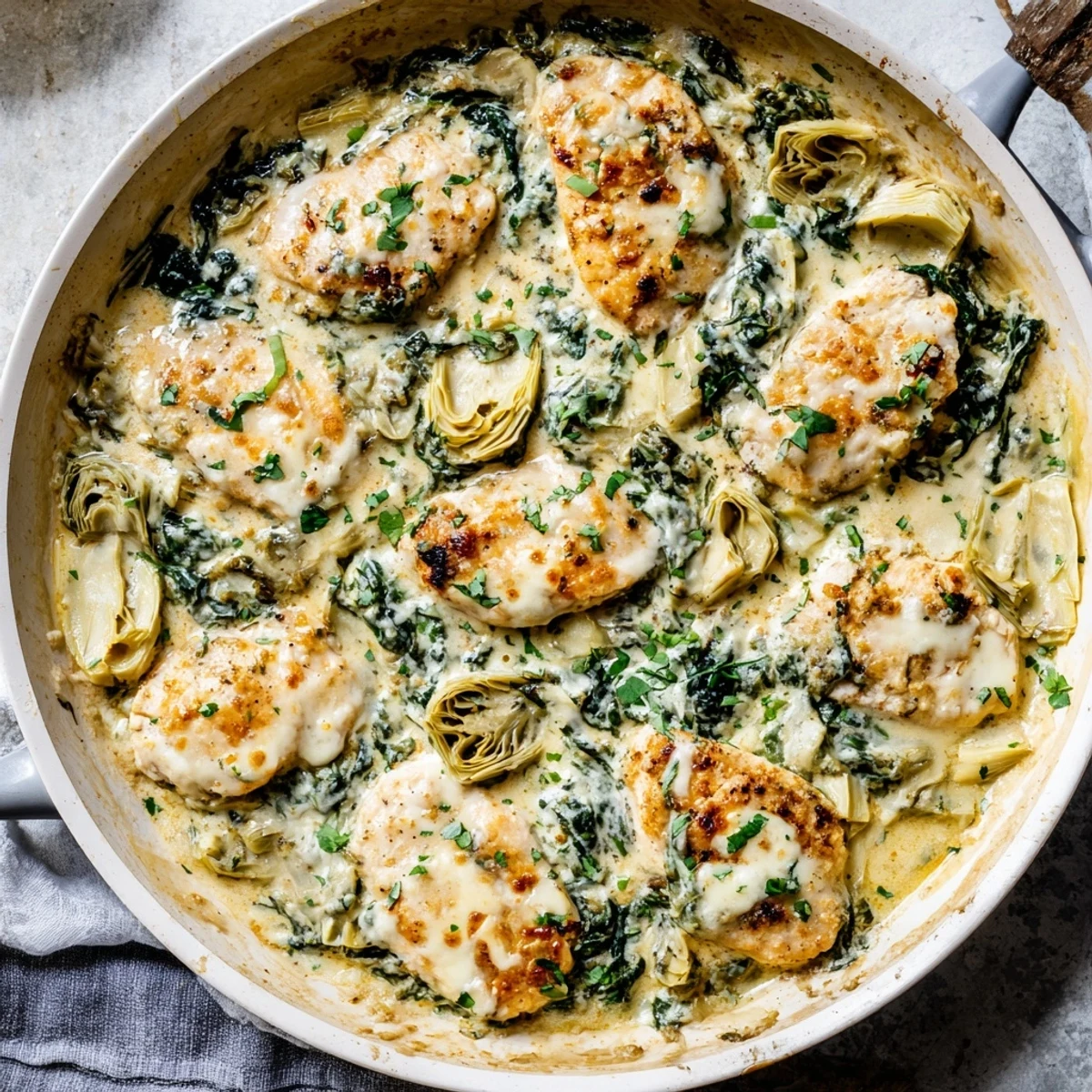 Golden brown chicken breasts nestled in a creamy spinach artichoke cottage cheese sauce with melted mozzarella