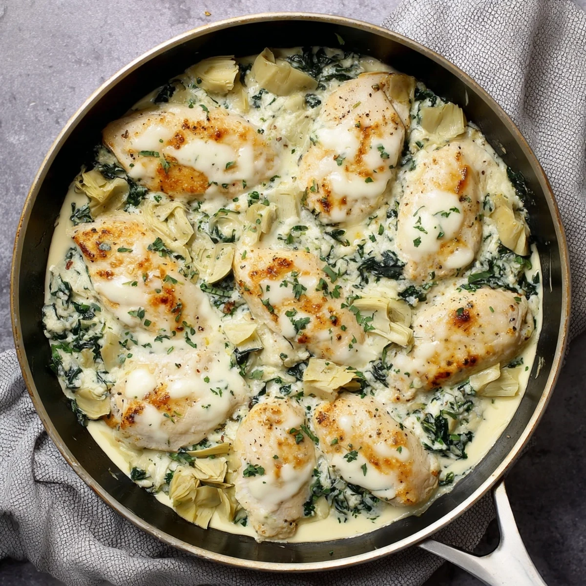 Tender chicken baked in velvety cottage cheese sauce with spinach artichokes and Parmesan cheese garnish