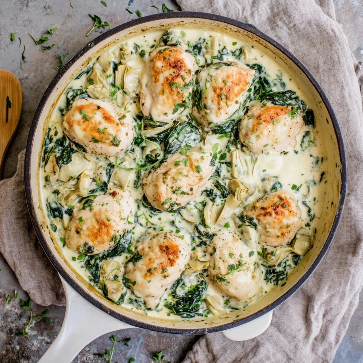 Bubbling skillet of spinach artichoke chicken with cottage cheese topped with golden melted mozzarella cheese