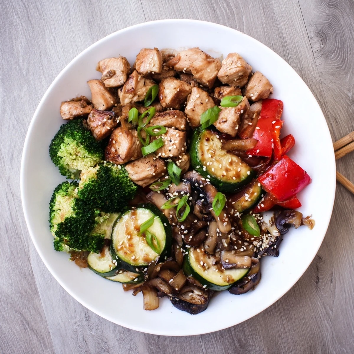 Air fryer hibachi chicken with colorful zucchini, peppers, and broccoli in savory sesame soy glaze