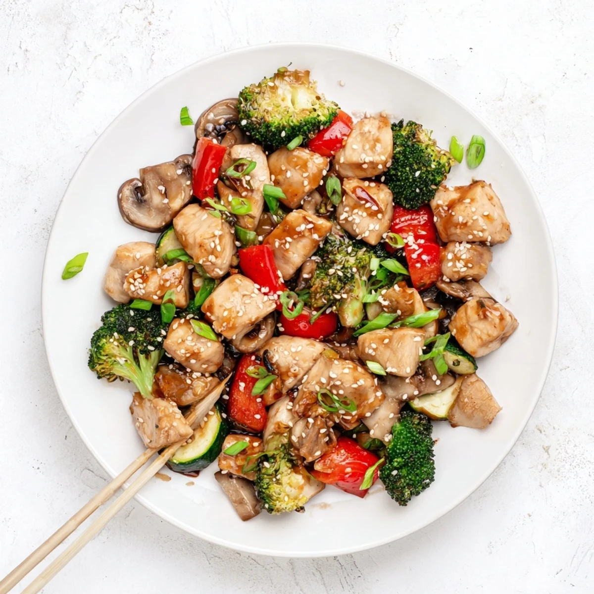 Golden chicken cubes and crisp vegetables tossed in hibachi sauce, garnished with green onions and sesame seeds