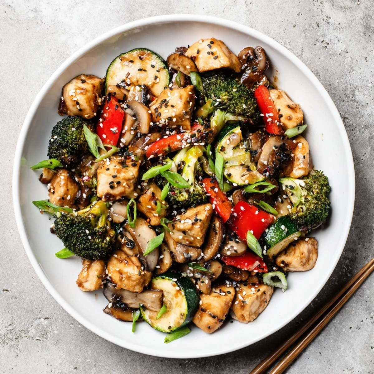 Easy air fryer hibachi chicken and vegetables plated with drizzled sauce and fresh scallions