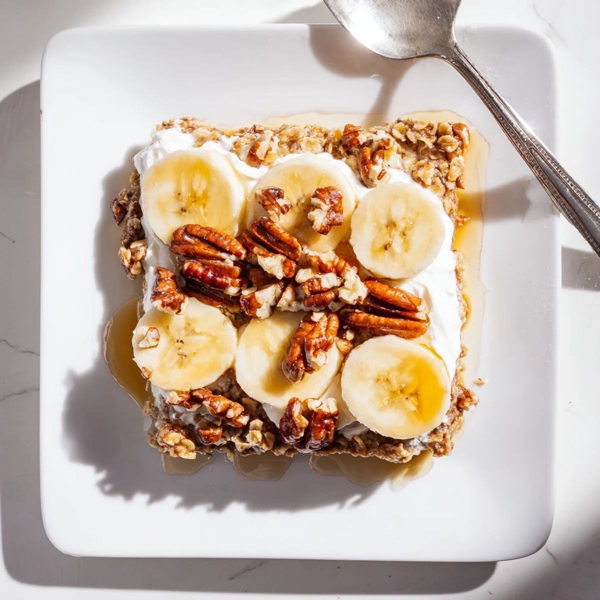 Golden banana baked oatmeal squares topped with creamy Greek yogurt and fresh banana slices