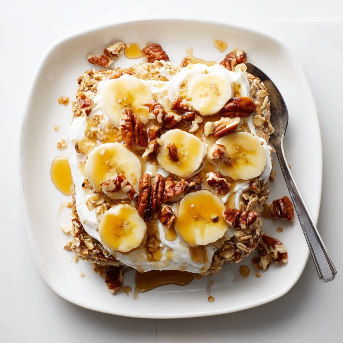 Warm breakfast bake of mashed banana oats drizzled with maple syrup and crunchy walnuts