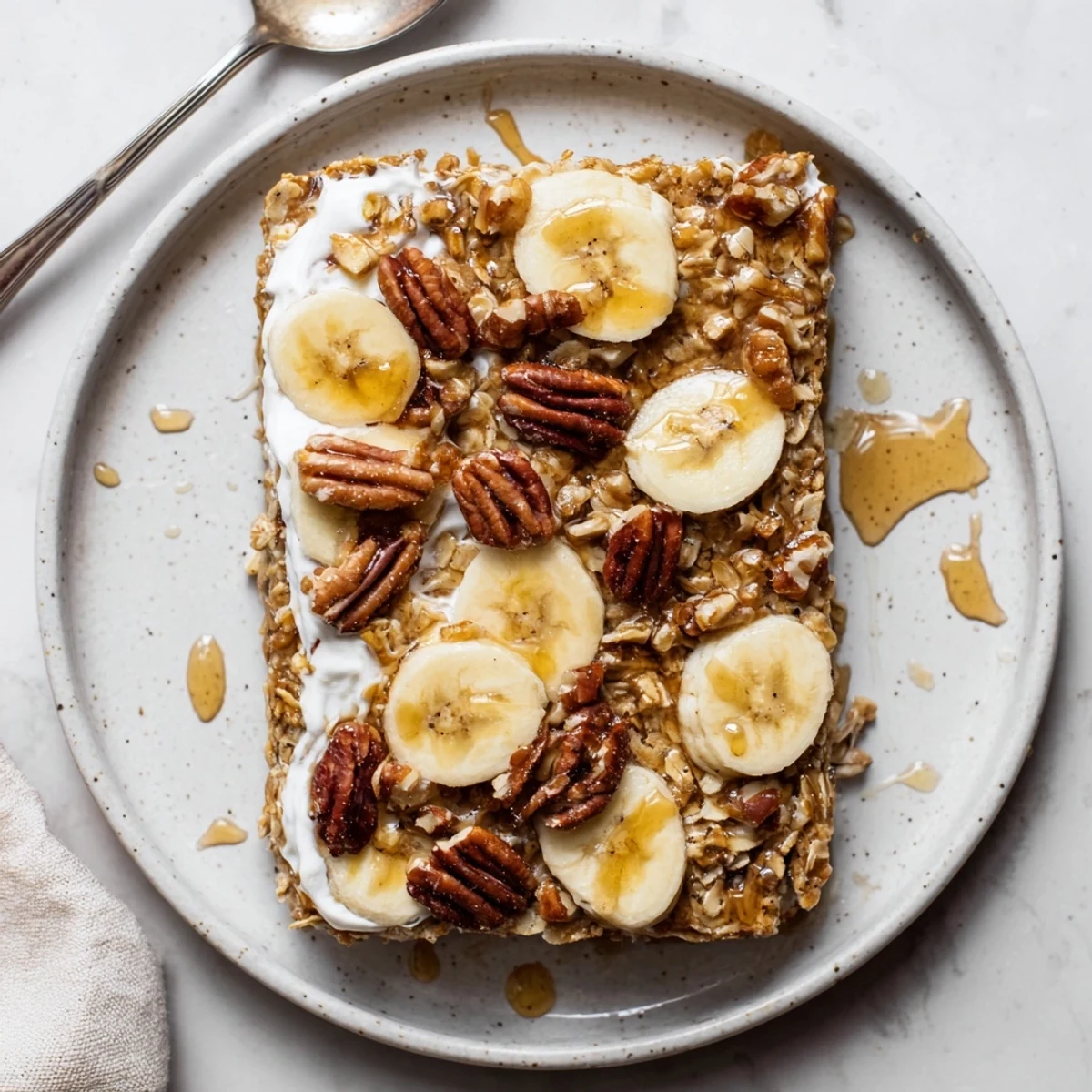 Wholesome baked oatmeal casserole with spiced bananas and a dollop of vanilla yogurt