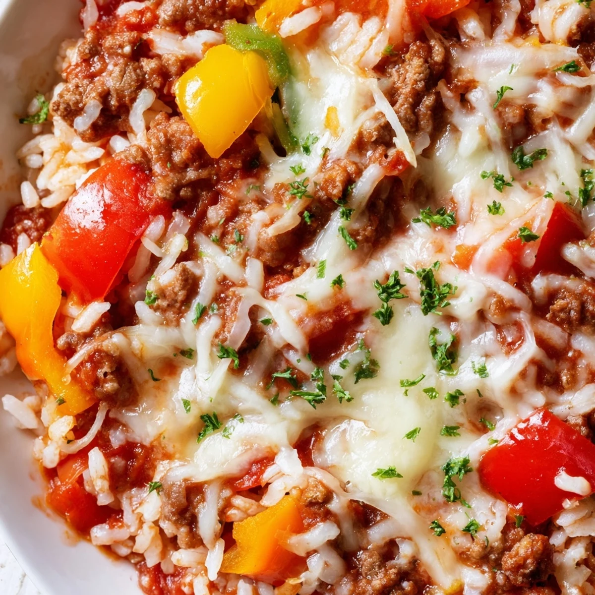 Golden skillet of unstuffed pepper casserole with melted mozzarella and fresh parsley garnish