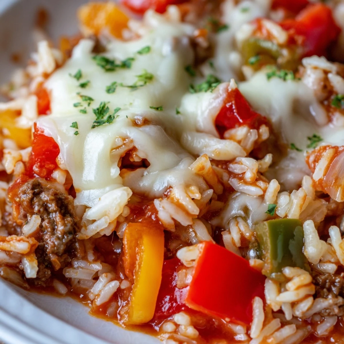 Hearty unstuffed pepper skillet featuring colorful diced bell peppers, ground beef, and fluffy white rice
