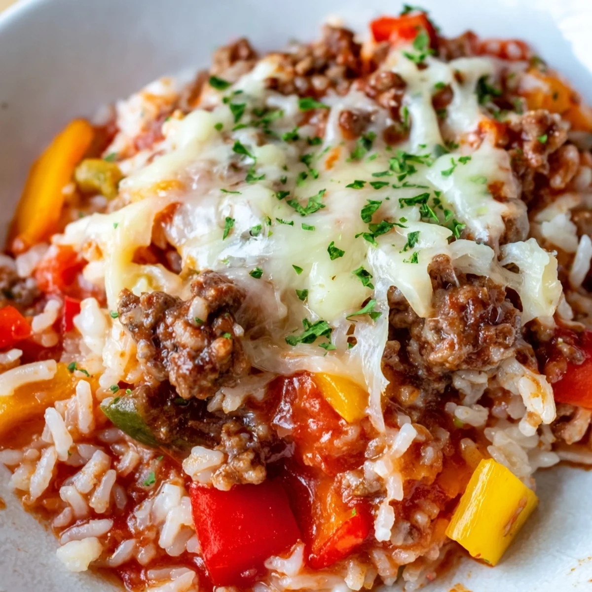 Comforting one-pan unstuffed pepper meal bubbling with tomato sauce, beef, and melted cheese topping