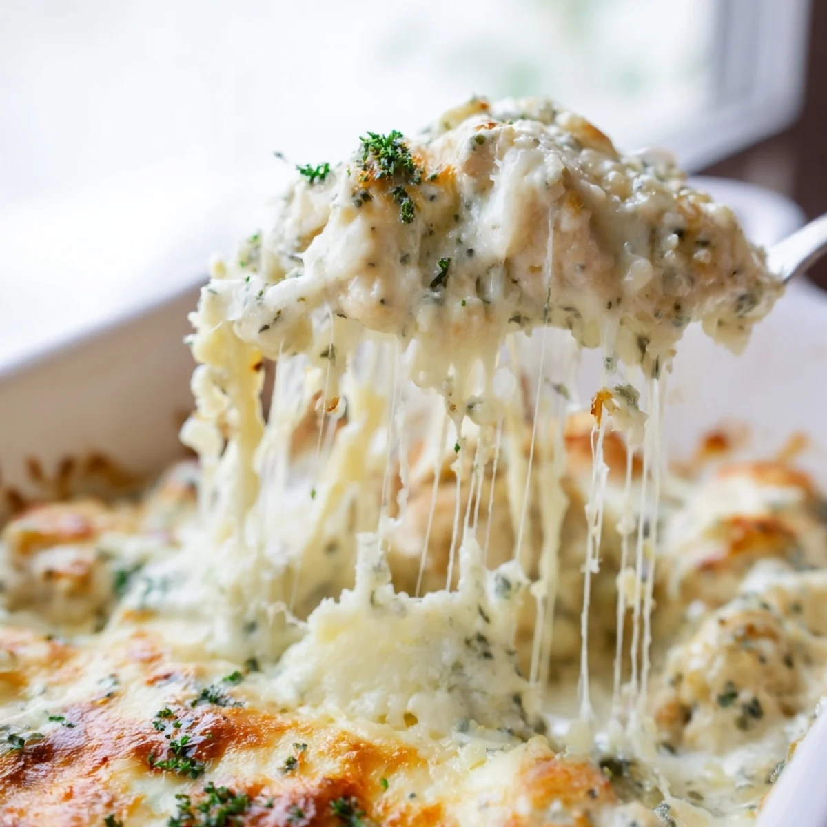 Golden cheesy parmesan baked caesar chicken with bubbling mozzarella crust on white plate