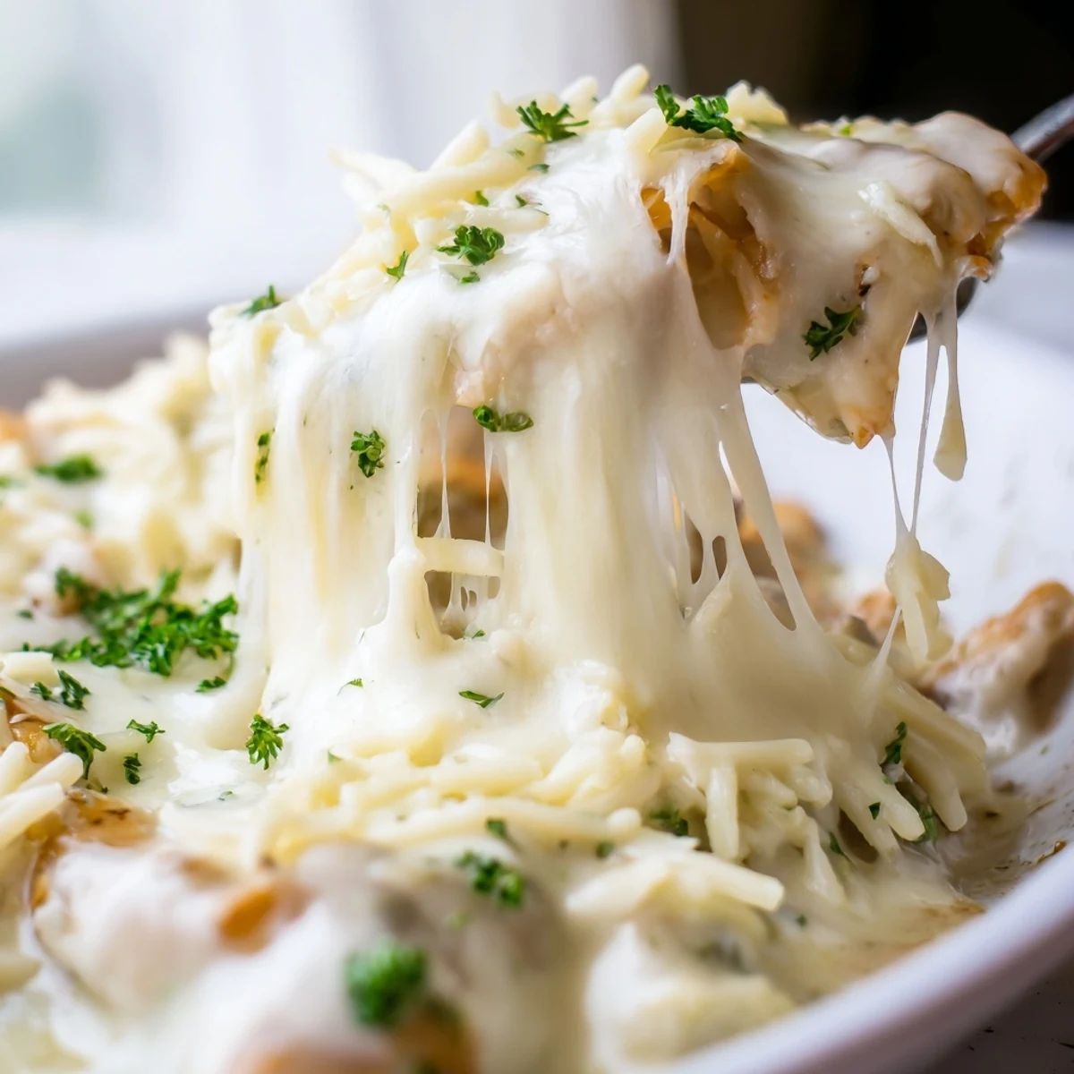 Creamy parmesan baked caesar chicken breasts topped with melted cheese and fresh parsley garnish