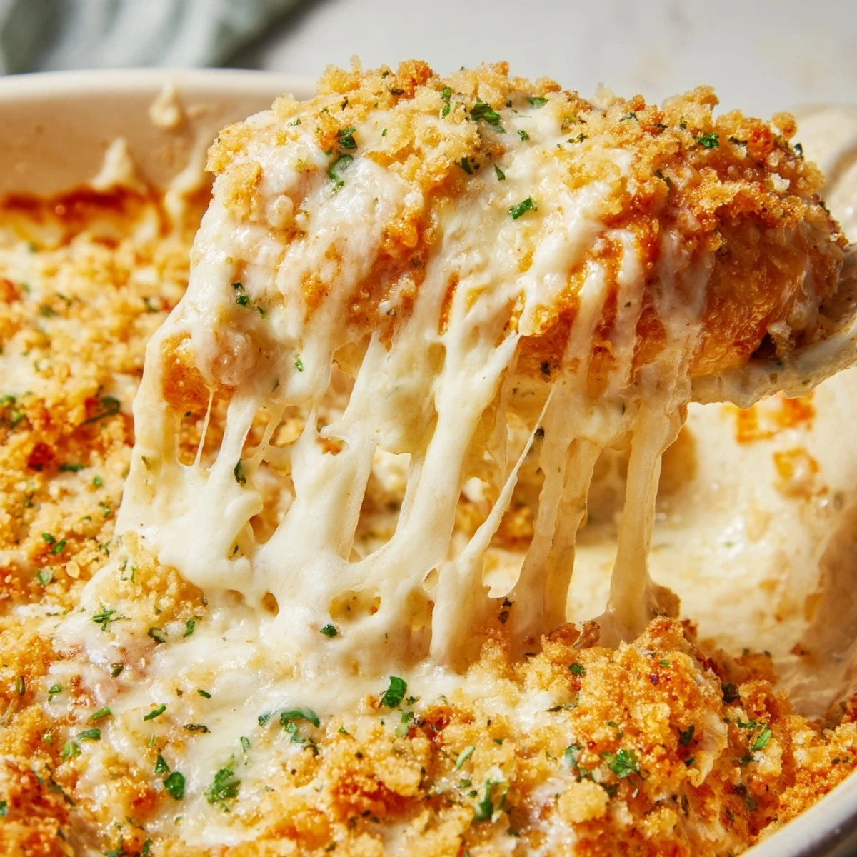 Tender baked caesar chicken smothered in rich parmesan cream sauce with golden cheesy topping